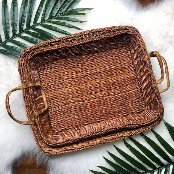 2 vintage boho wicker serving tray baskets